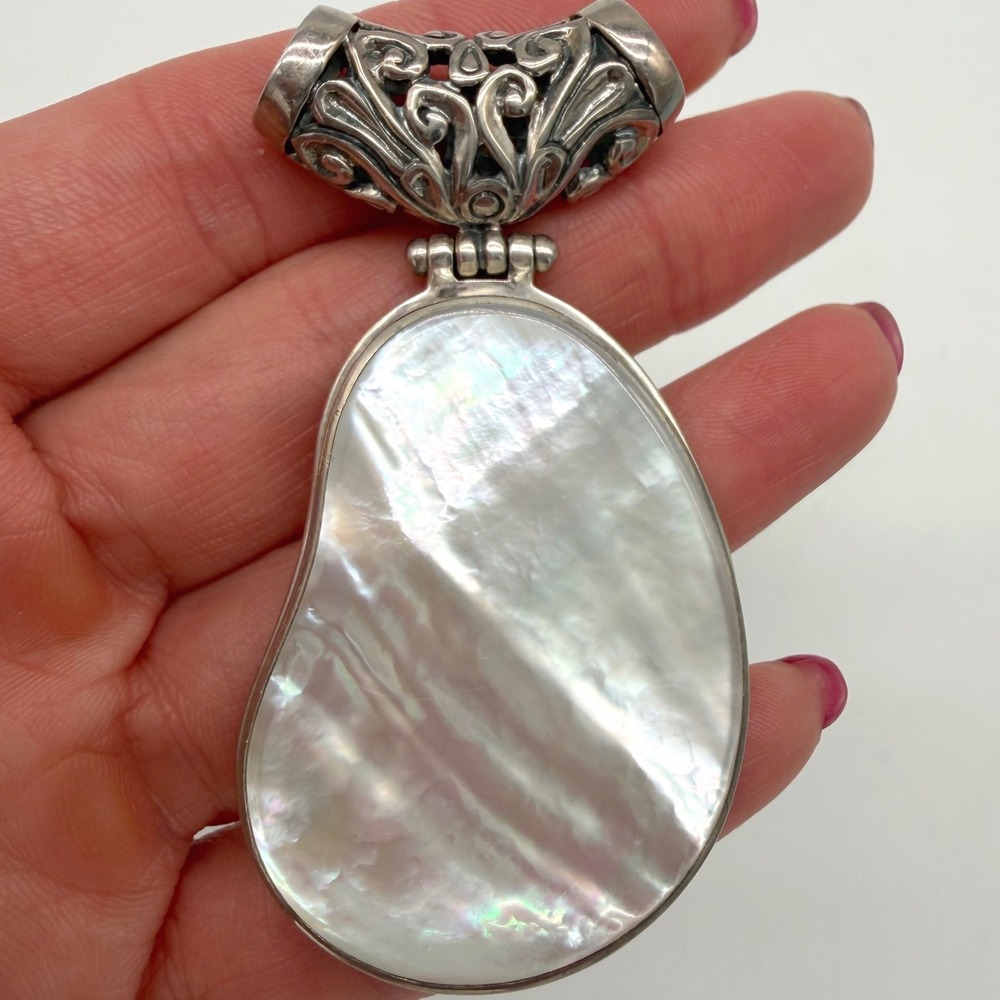 ALS 925 Sterling Silver Mother of Pearl Teardrop Pendant Large Statement